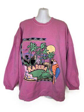 Karuba Tropical Parrot Long Sleeve Top Bright Pink Brushed Cotton 80s *FLAWS